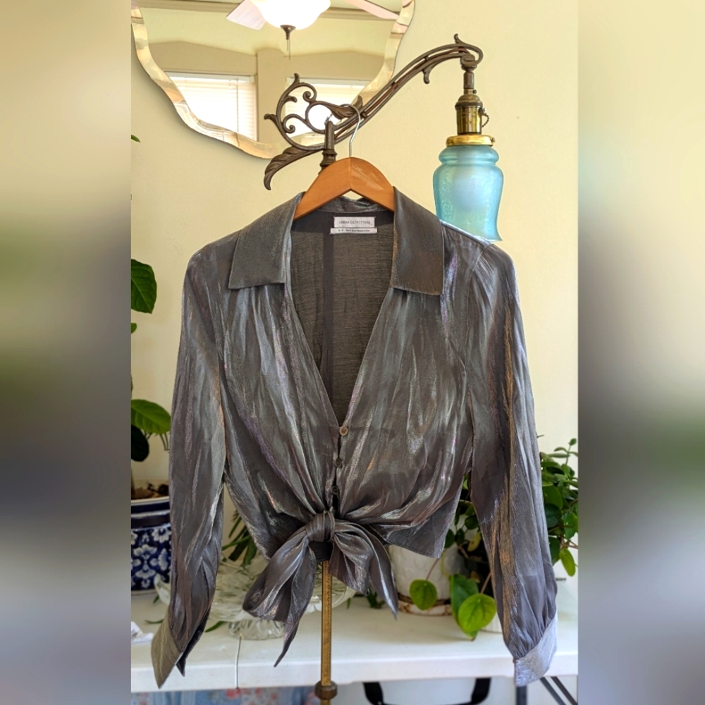 NWOT Urban Outfitters Shimmering Silver Tie Crop Blouse Small Free People